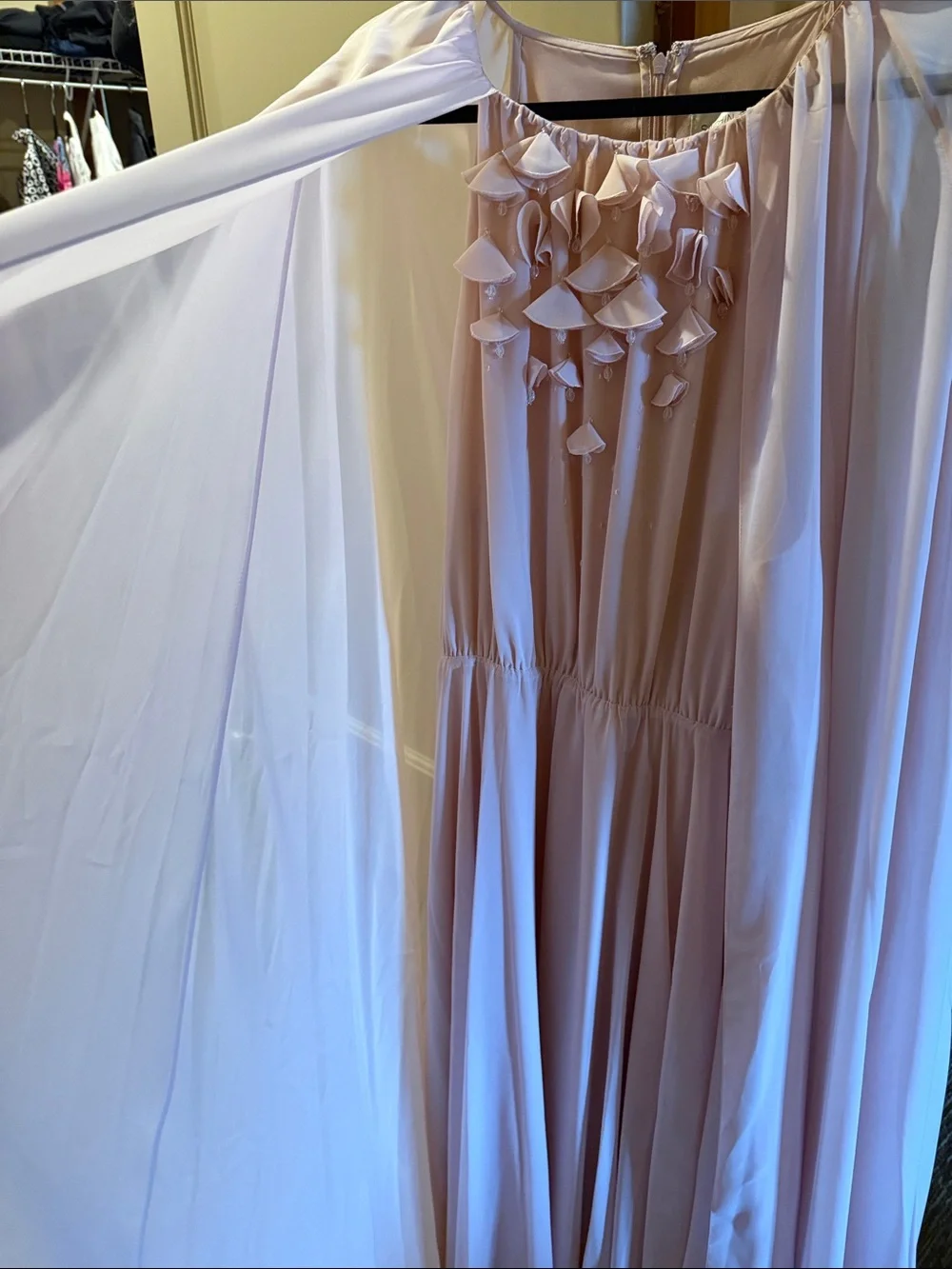 Sachin + Babi Blush Pink Chiffon Ruffled Cape Gown